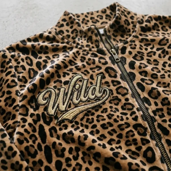 Closeup of a velour track jacket with direct embroidered "WILD" word on the chest.
