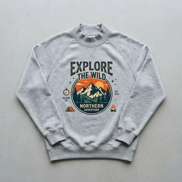 Gray DTF printed mock neck sweatshirt front.