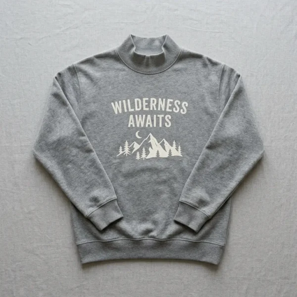 Gray screen printed mock neck sweatshirt front.