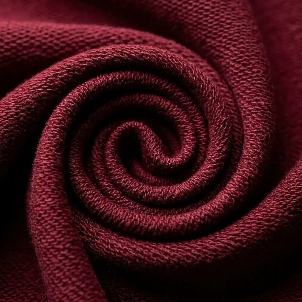 Maroon French terry fabric closeup.