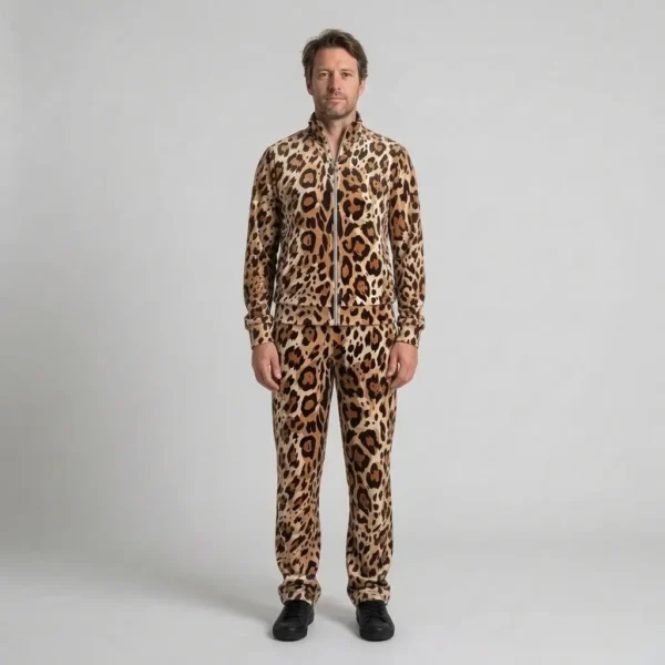 A man is standing and wearing caramel brushstroke leopard print velour tracksuit.