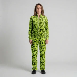 Front view of a woman wearing neon lime leopard print velour tracksuit.