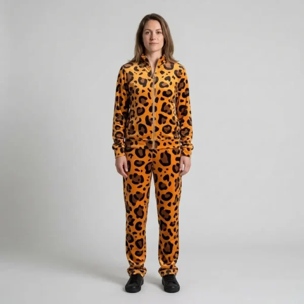 Front view of a woman wearing orange leopard print velour tracksuit.