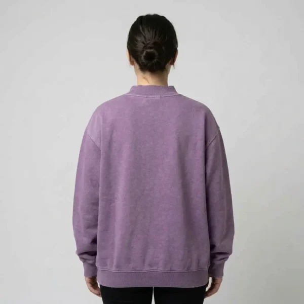 Oversized purple mock neck sweatshirt back.