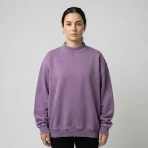 Oversized purple mock neck sweatshirt front.