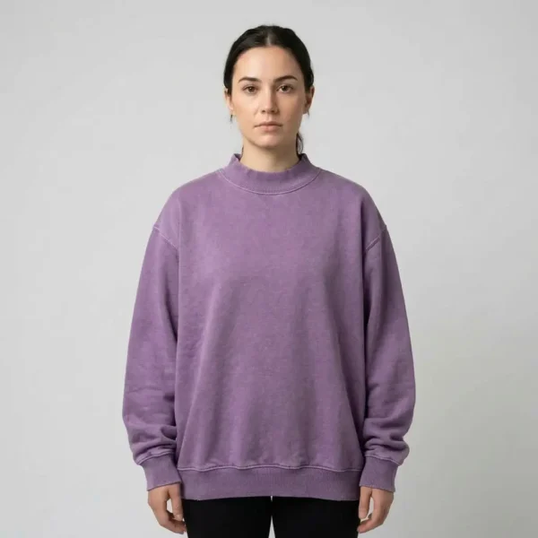 Oversized purple mock neck sweatshirt front.