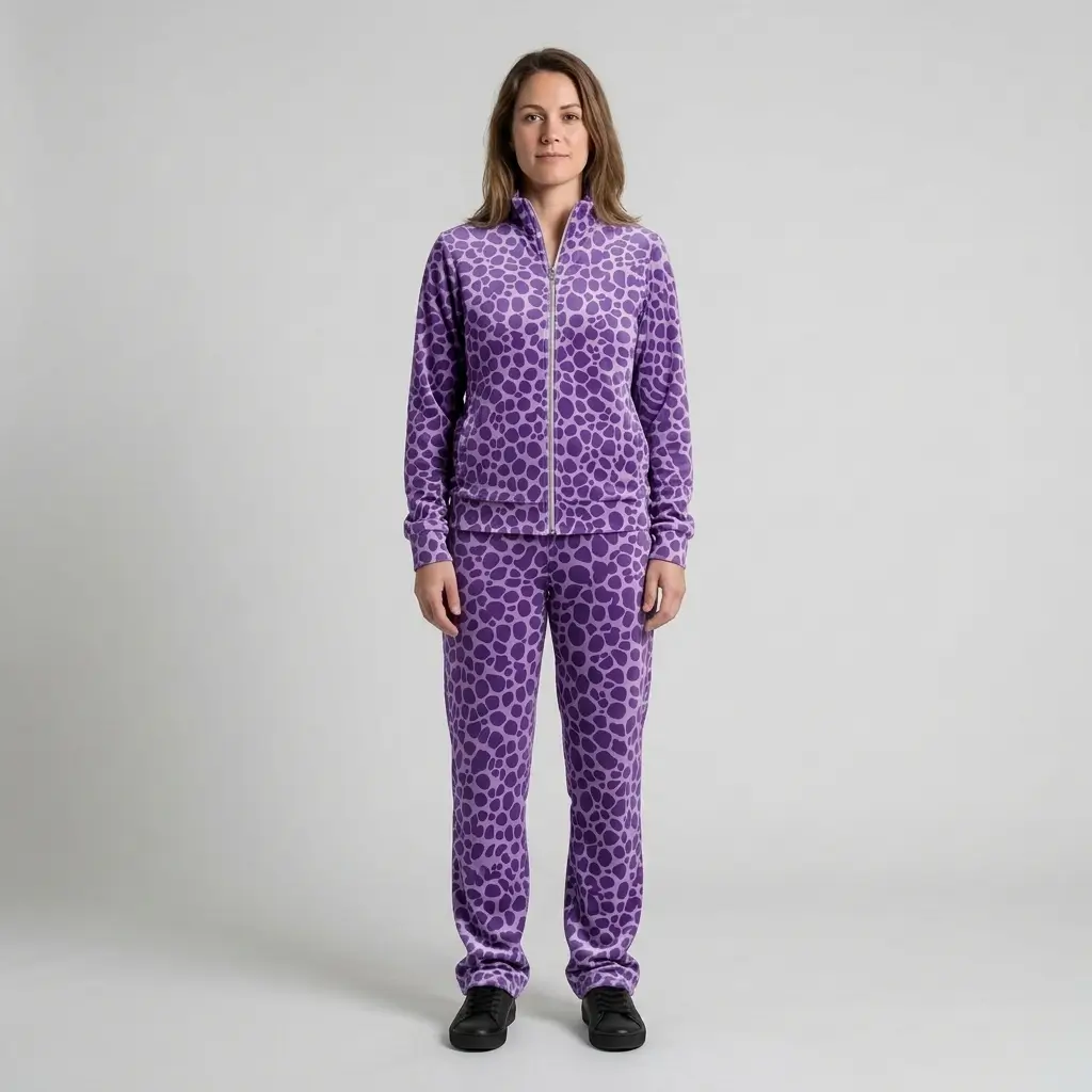 Front view of a woman wearing purple spotted animal print velour tracksuit.