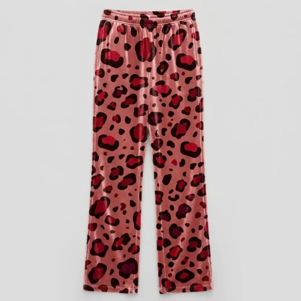 Red blush pink leopard print straight leg velour track pants.