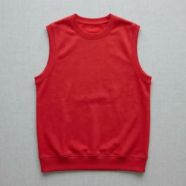 Red sleeveless sweatshirt.