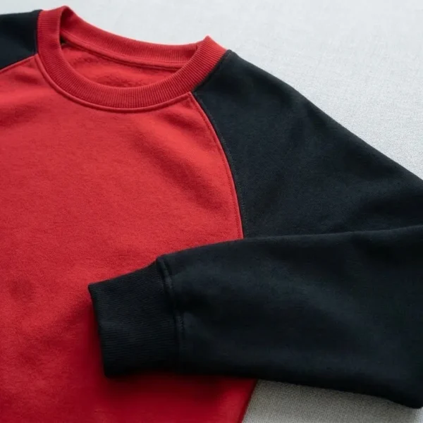 Red sweatshirt closeup with black raglan sleeves.