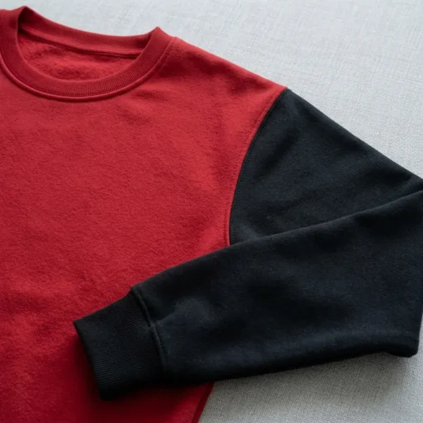 Red sweatshirt closeup with black set in sleeves.