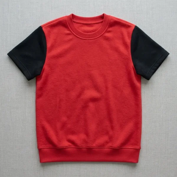 Red sweatshirt with black short sleeves.