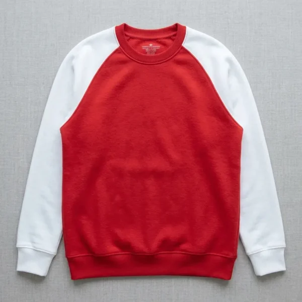 Red sweatshirt with white sleeves.