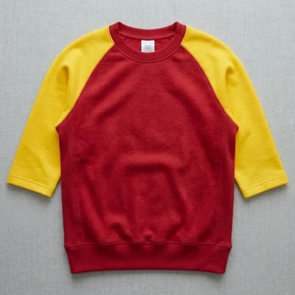 Red sweatshirt with yellow 3 4 sleeves.