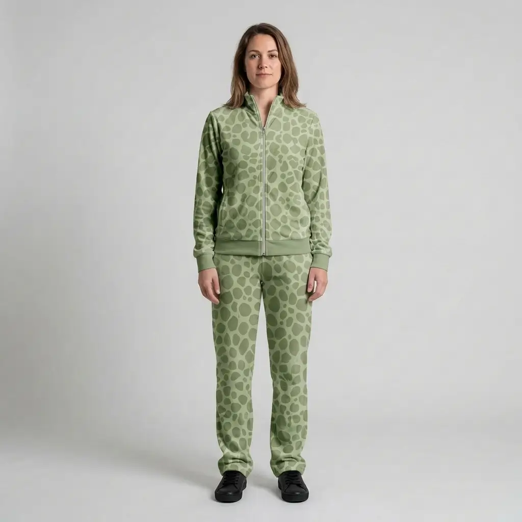 Front view of a woman wearing sage green spotted animal print velour tracksuit.
