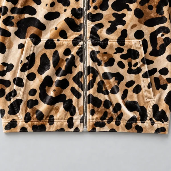 Closeup of a leopard printed velour track jacket with simple straight hem.