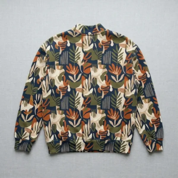 Sublimated all over printed mock neck sweatshirt back.