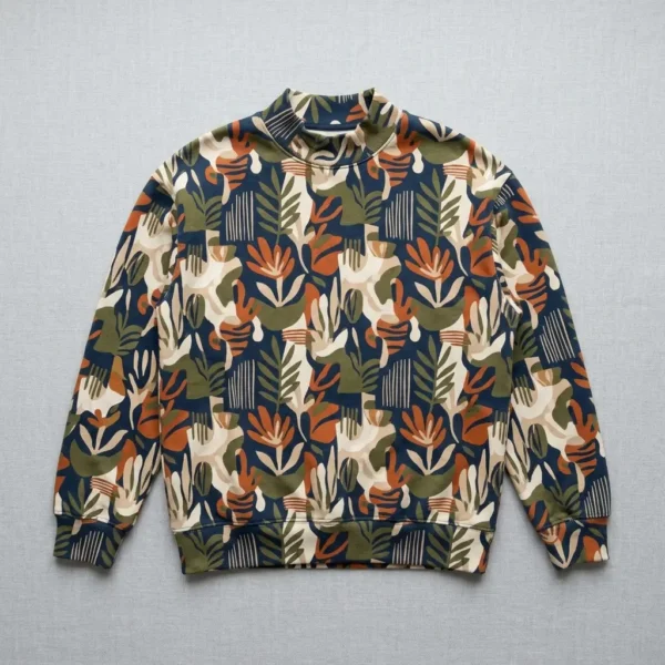 Sublimated all over printed mock neck sweatshirt front.