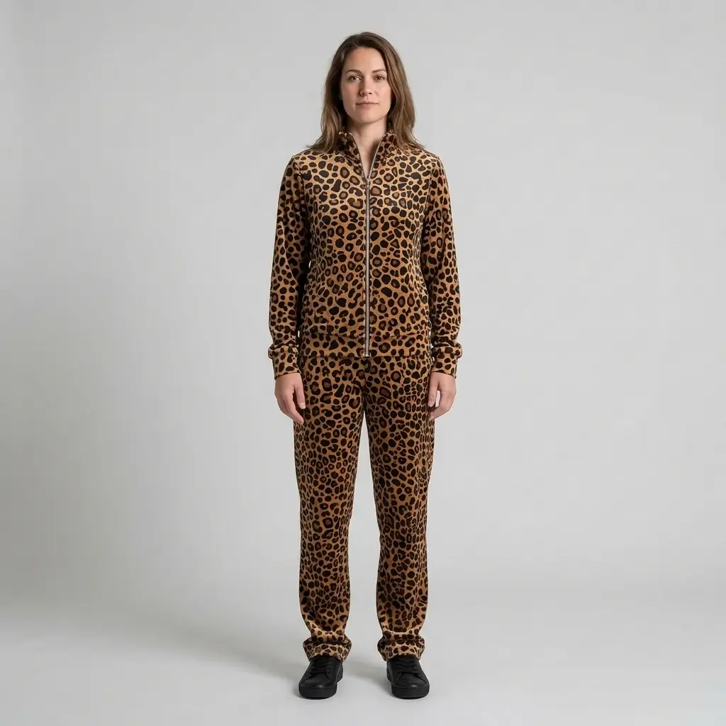 Front view of a woman wearing warm brown leopard print velour tracksuit.