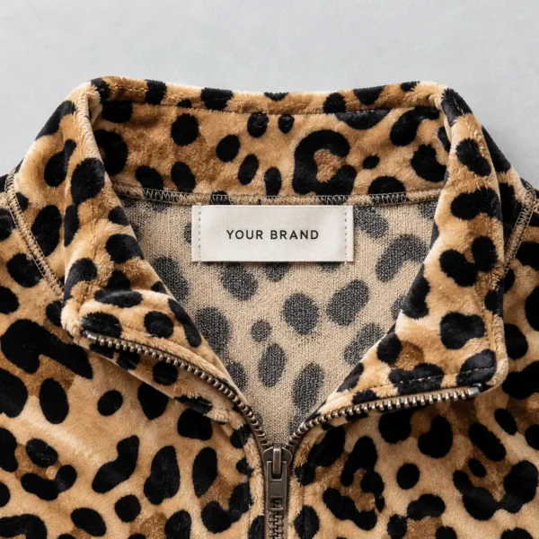 Closeup view of the collar of an all-over-printed leopard velour track jacket with custom woven neck label.