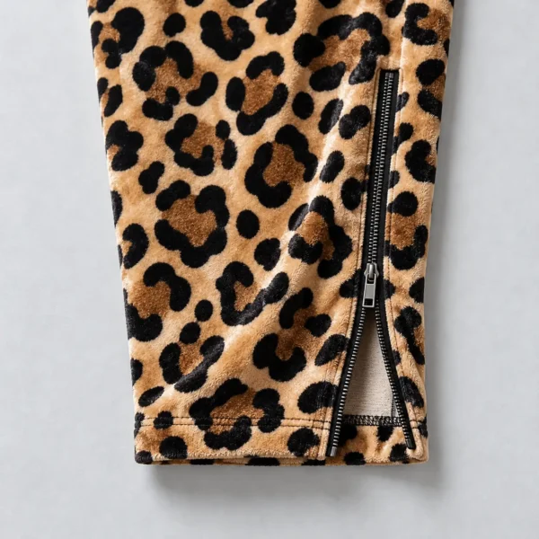 Closeup of a zipped ankle leopard printed velour track pants.