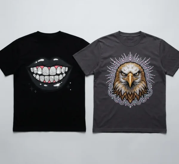 Black and gray custom rhinestone shirts.