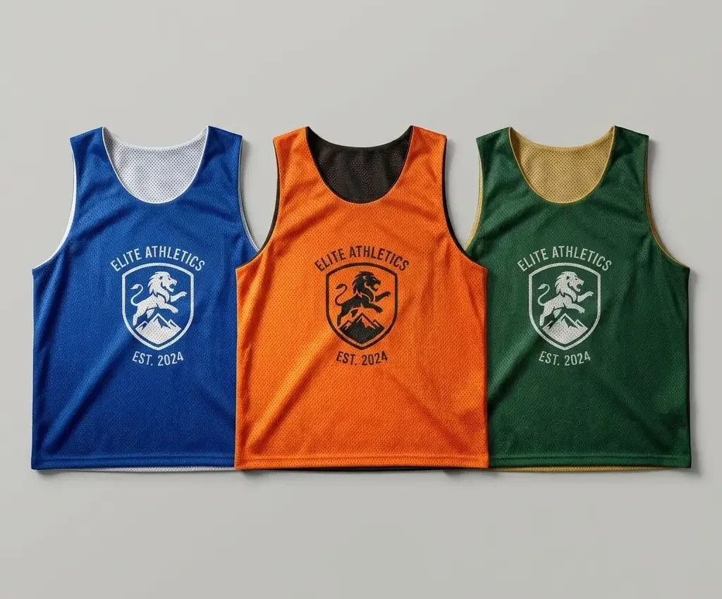 Blue, orange, and green custom pinnies.