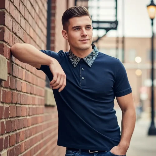 custom-casual-fashion-polo-shirt Man leaning against a brick wall, wearing a navy blue casual fashion polo shirt with a unique patterned fabric collar.