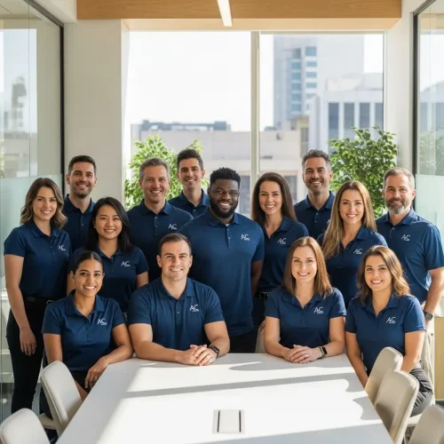 custom-corporate-polo-shirts Diverse group of smiling professionals wearing matching navy blue custom corporate polo shirts with an 'AC' logo in an office setting.