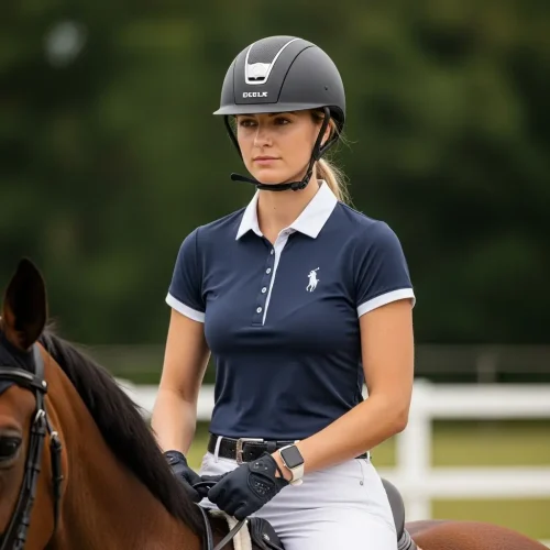 custom-equestrian-polo-shirt Female equestrian rider wearing a navy blue polo shirt with white trim and a helmet, suitable for horse riding and showing.