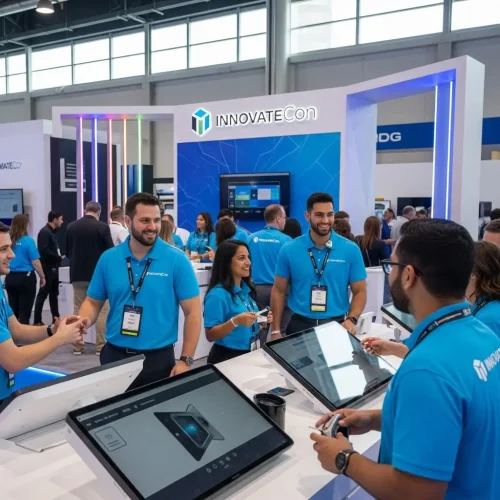custom-event-polo-shirts Trade show staff in bright blue custom event polo shirts with lanyards and the "InnovateCon" logo, interacting at a corporate booth.