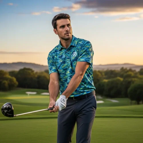 custom-golf-polo-shirt Golfer preparing to swing, wearing a vibrant custom sublimation polo shirt with a modern blue and green abstract pattern.