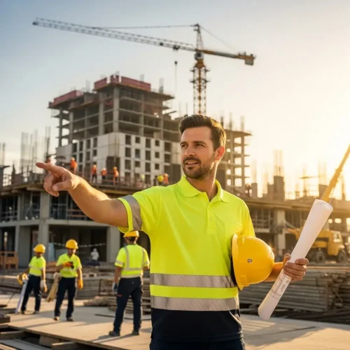 custom-hi-vis-polo-shirt Construction manager in a reflective yellow Hi-Vis polo shirt and hardhat, pointing at a high-rise construction site at sunset.
