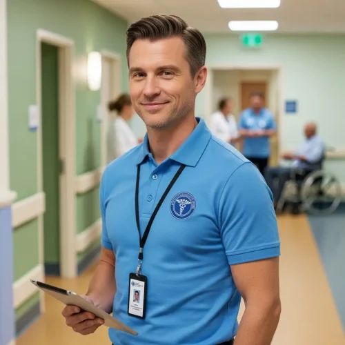 custom-hosptial-polo-shirt Smiling male healthcare worker in a light blue custom hospital polo shirt with a medical logo and ID badge, holding a tablet.