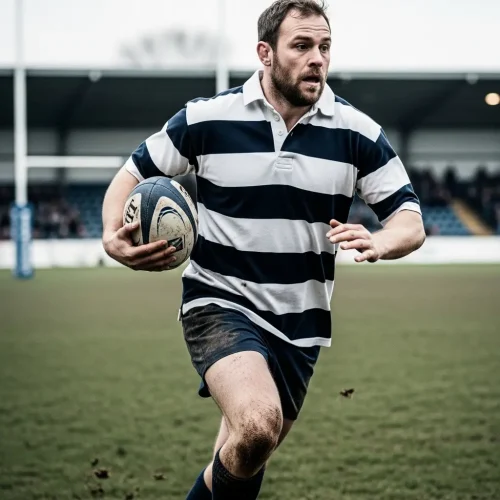 custom-rugby-polo-shirt Rugby player running with the ball, wearing a traditional striped navy blue and white cotton rugby polo shirt on a muddy field.