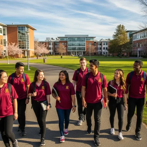 custom-school-polo-shirts Group of college students walking on campus wearing matching maroon custom school polo shirts with a shield logo.
