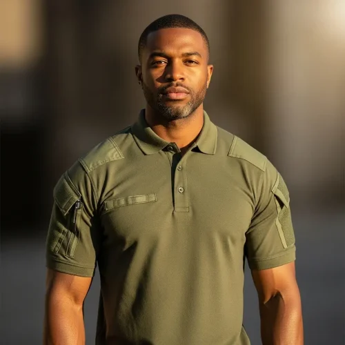custom-tactical-polo-shirt Man modelling an olive green custom tactical polo shirt with structured shoulders, loops, and arm pockets for workwear or security use.