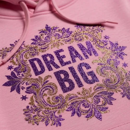 glitter-screen-printed-hoodie-closeup Pink hoodie with "DREAM BIG" text and decorative swirl border created using vibrant purple and gold glitter screen printing. Detailed shot.