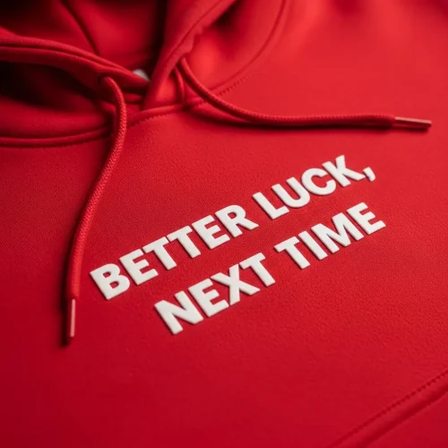 high-density-printed-hoodie-closeup Red hoodie with the phrase "BETTER LUCK, NEXT TIME" in white, showing the sharp, thick, 3D effect of high density screen printing.