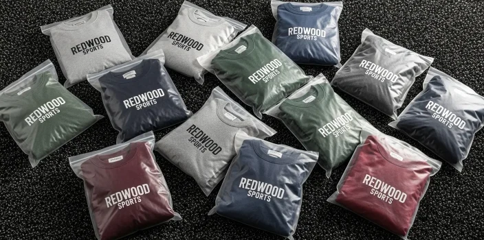 Overhead shot of a dozen 'REDWOOD SPORTS' graphic t-shirts individually folded and sealed in clear plastic poly bags, showcasing a variety of colors including heather grey, deep navy, maroon, and olive green, against a dark textured background.